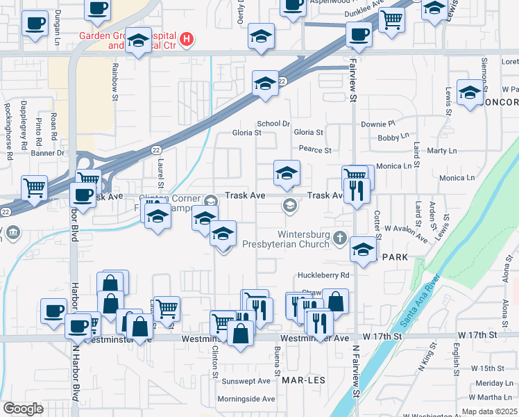 map of restaurants, bars, coffee shops, grocery stores, and more near 12651 James Avenue in Garden Grove