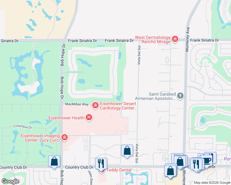 map of restaurants, bars, coffee shops, grocery stores, and more near 187 North Kavenish Drive in Rancho Mirage