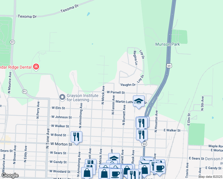 map of restaurants, bars, coffee shops, grocery stores, and more near 505 W Parnell St in Denison