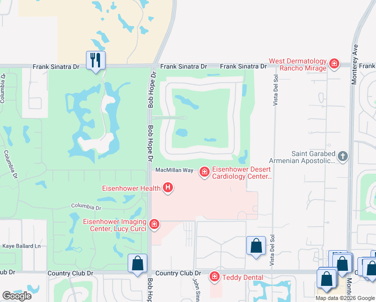map of restaurants, bars, coffee shops, grocery stores, and more near 196 Kavenish Drive in Rancho Mirage
