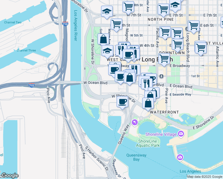 map of restaurants, bars, coffee shops, grocery stores, and more near 300 Oceangate in Long Beach