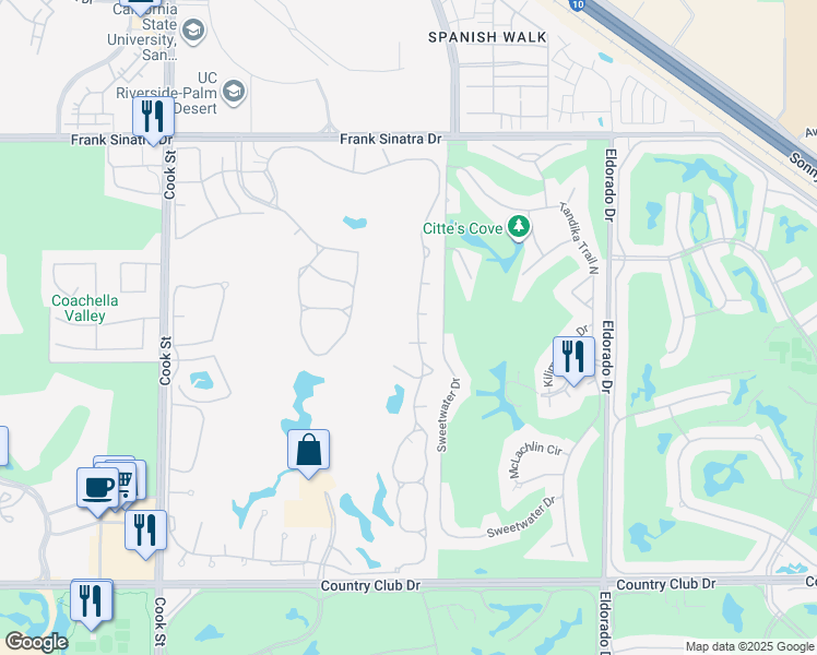 map of restaurants, bars, coffee shops, grocery stores, and more near 285 Desert Falls Drive East in Palm Desert