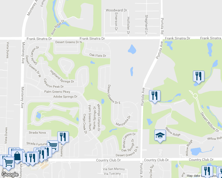 map of restaurants, bars, coffee shops, grocery stores, and more near 38840 Desert Greens Drive East in Palm Desert
