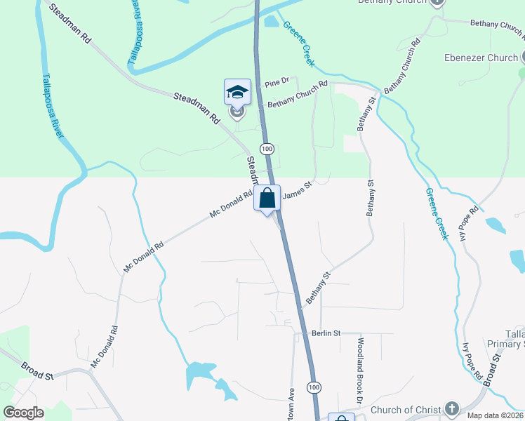 map of restaurants, bars, coffee shops, grocery stores, and more near 42 Steadman Road in Tallapoosa