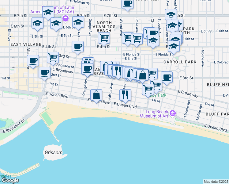 map of restaurants, bars, coffee shops, grocery stores, and more near 1521 East 1st Street in Long Beach