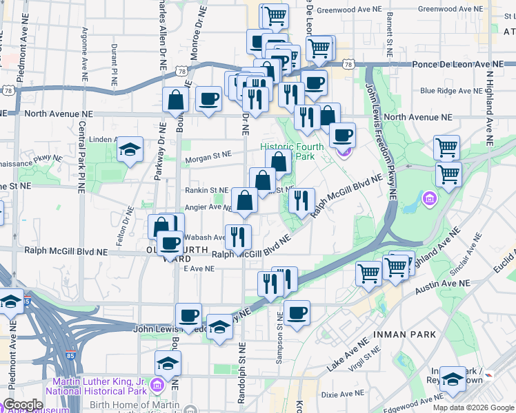 map of restaurants, bars, coffee shops, grocery stores, and more near 616 Angier Avenue Northeast in Atlanta