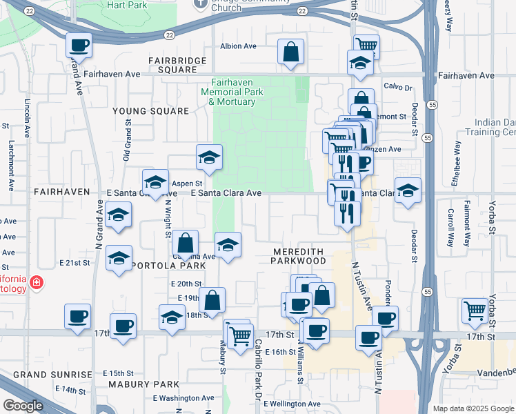 map of restaurants, bars, coffee shops, grocery stores, and more near 2209 Richmond St in Santa Ana