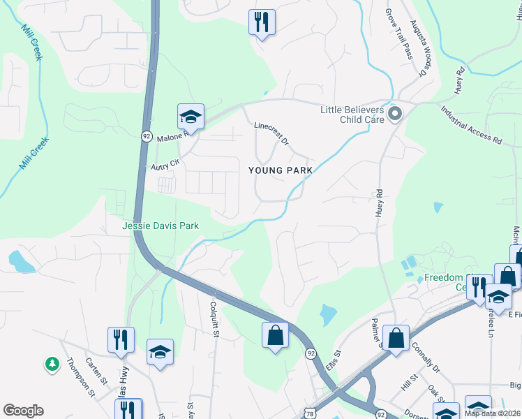 map of restaurants, bars, coffee shops, grocery stores, and more near 7780 Willow Cove Court in Douglasville