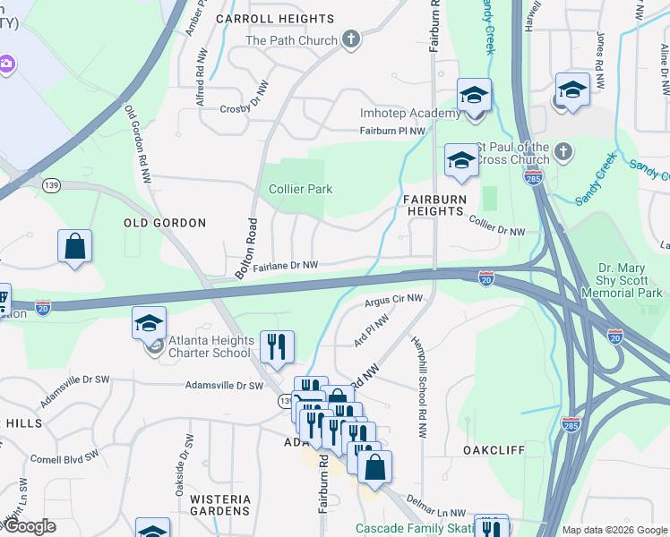 map of restaurants, bars, coffee shops, grocery stores, and more near 3594 Fairlane Drive Northwest in Atlanta