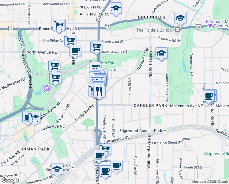 map of restaurants, bars, coffee shops, grocery stores, and more near 443 Euclid Terrace Northeast in Atlanta