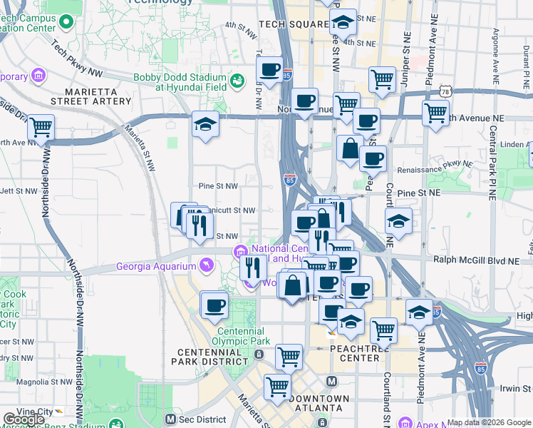 map of restaurants, bars, coffee shops, grocery stores, and more near 433 Centennial Olympic Park Drive Northwest in Atlanta