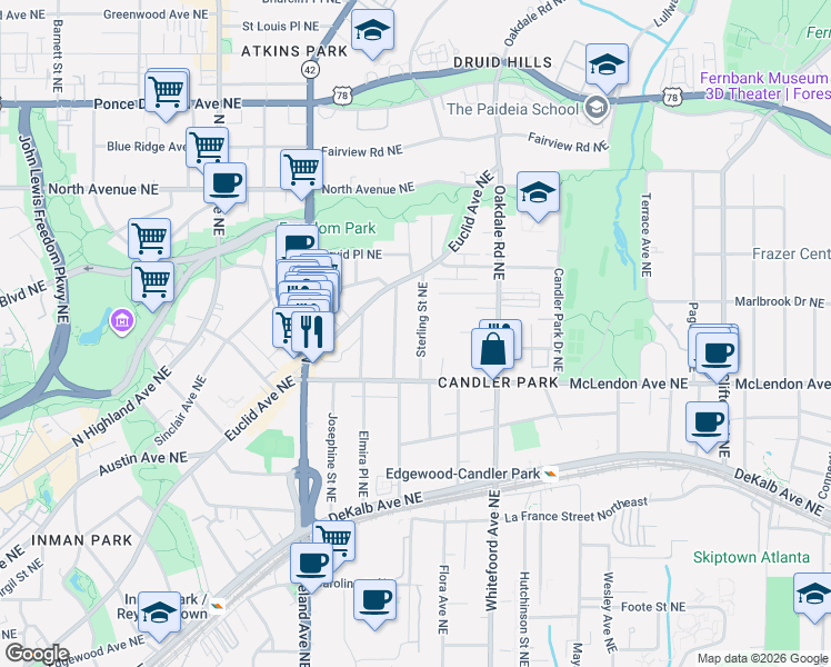 map of restaurants, bars, coffee shops, grocery stores, and more near 444 Sterling Street Northeast in Atlanta