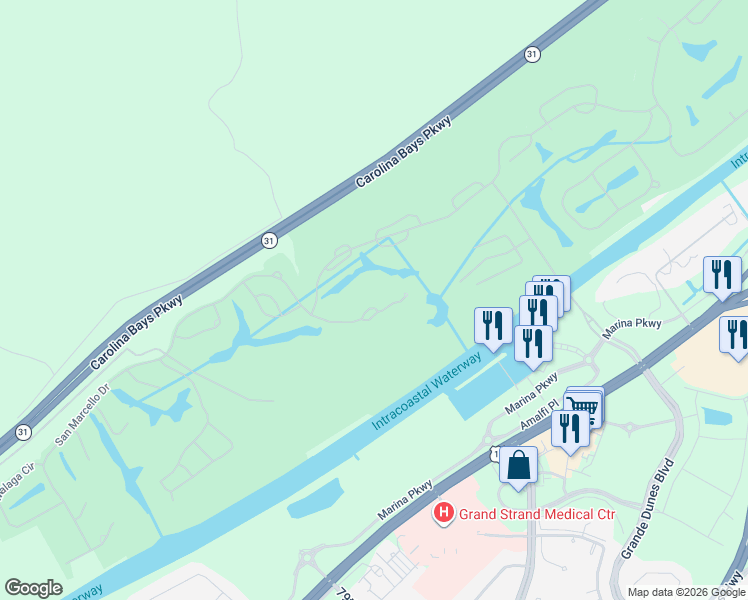 map of restaurants, bars, coffee shops, grocery stores, and more near 8575 San Marcello Drive in Myrtle Beach