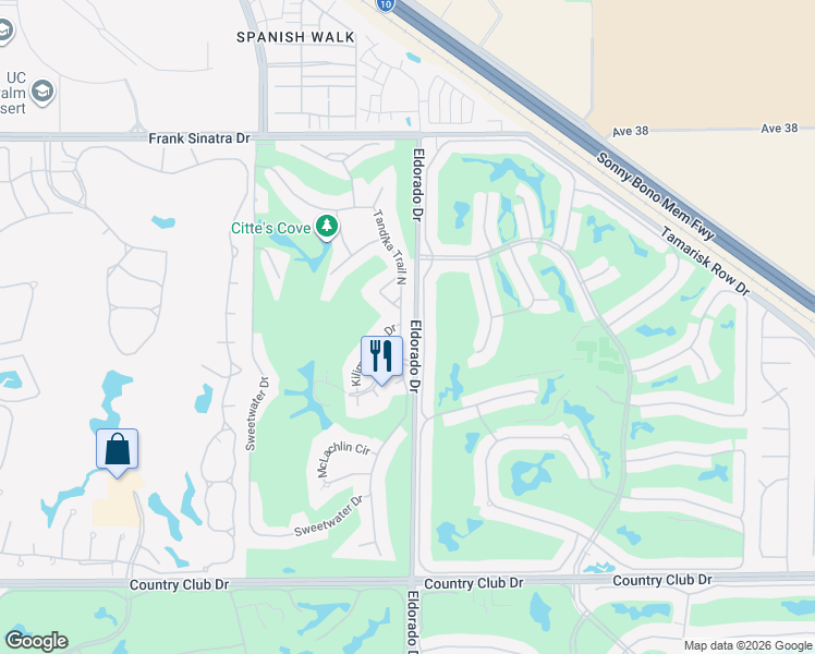 map of restaurants, bars, coffee shops, grocery stores, and more near 38850 Tandika Trail North in Palm Desert