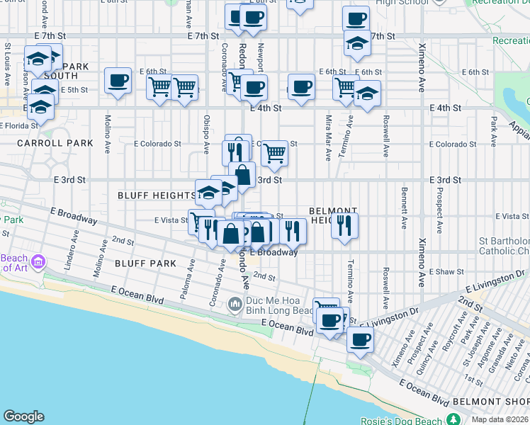 map of restaurants, bars, coffee shops, grocery stores, and more near 250 Newport Avenue in Long Beach