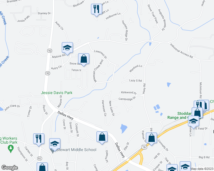 map of restaurants, bars, coffee shops, grocery stores, and more near 7781 Mountain Creek Way in Douglasville