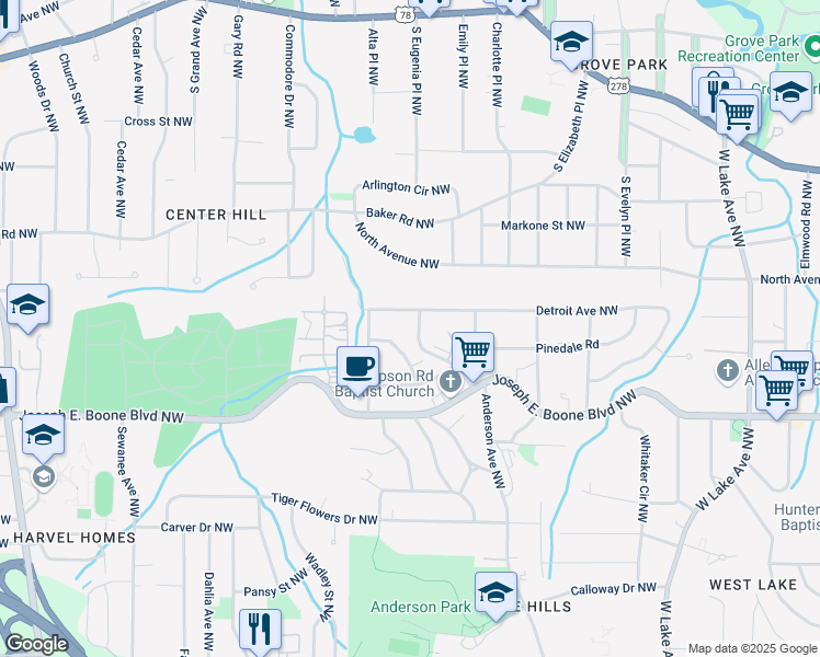 map of restaurants, bars, coffee shops, grocery stores, and more near 4140 Westchester Boulevard Northwest in Atlanta