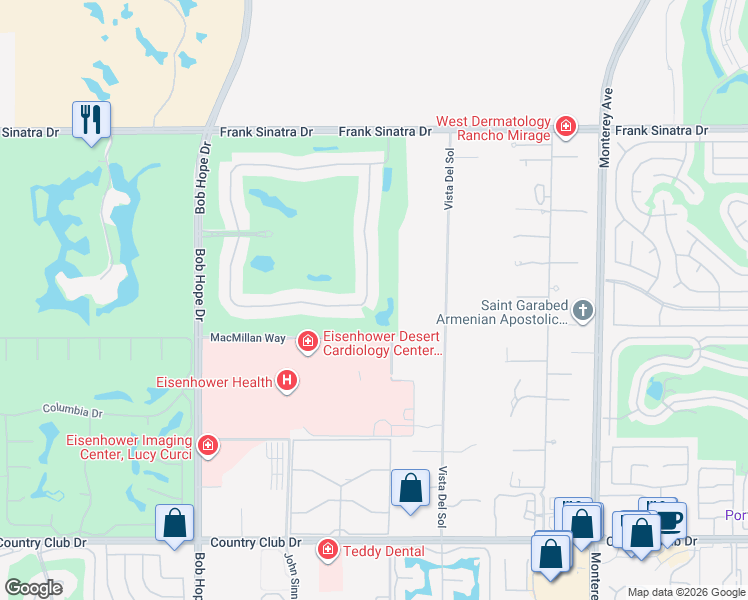 map of restaurants, bars, coffee shops, grocery stores, and more near 187 North Kavenish Drive in Rancho Mirage
