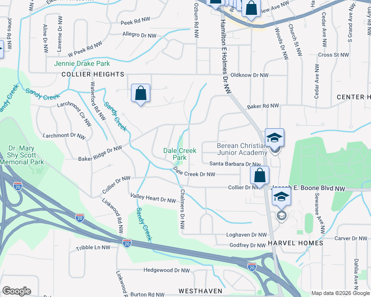 map of restaurants, bars, coffee shops, grocery stores, and more near 412 Collier Ridge Drive Northwest in Atlanta