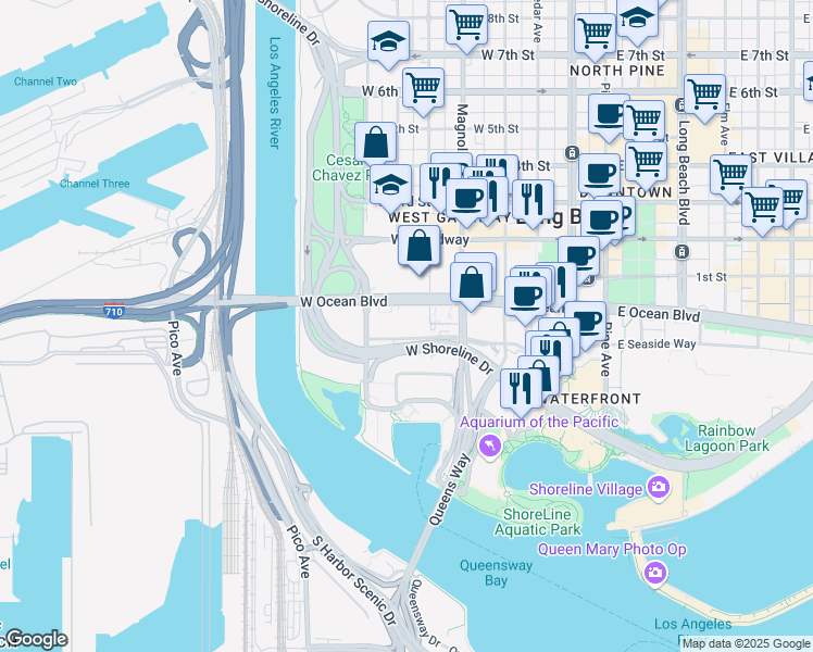 map of restaurants, bars, coffee shops, grocery stores, and more near 300 Oceangate in Long Beach