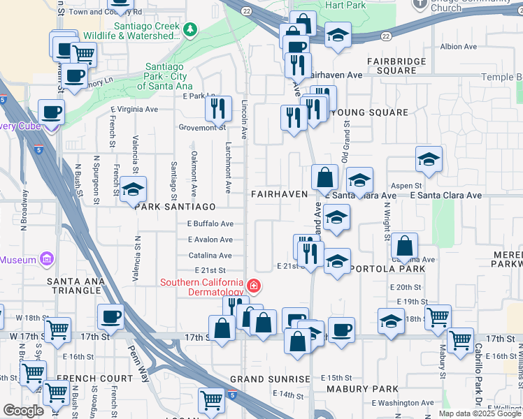 map of restaurants, bars, coffee shops, grocery stores, and more near 1114 East Buffalo Avenue in Santa Ana