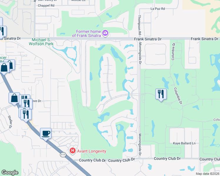 map of restaurants, bars, coffee shops, grocery stores, and more near 5 Creekside Drive in Rancho Mirage