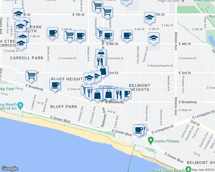 map of restaurants, bars, coffee shops, grocery stores, and more near 3425 East Vista Street in Long Beach