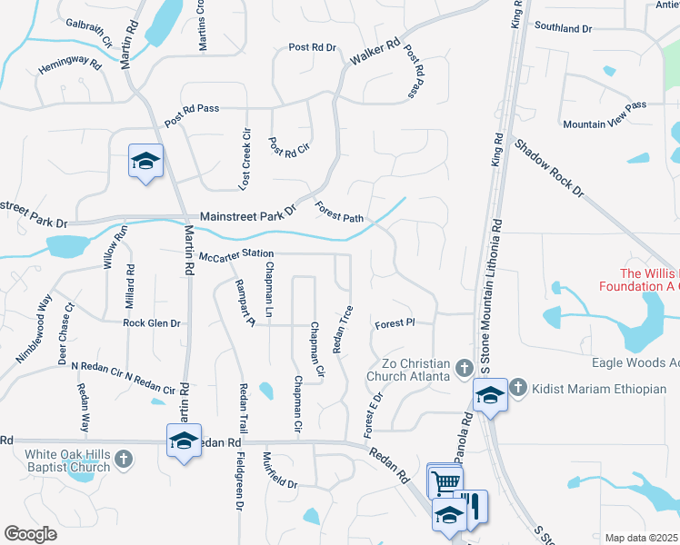 map of restaurants, bars, coffee shops, grocery stores, and more near 943 Redan Crescent in Stone Mountain