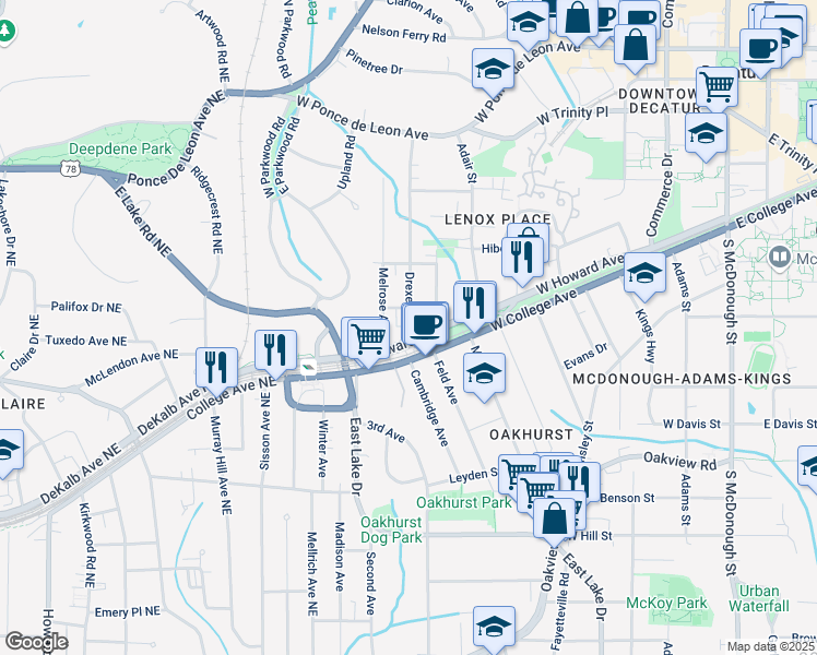 map of restaurants, bars, coffee shops, grocery stores, and more near 106b Drexel Avenue in Decatur