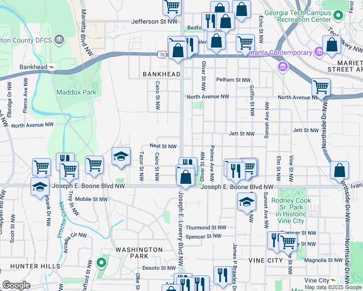 map of restaurants, bars, coffee shops, grocery stores, and more near Joseph E. Lowery Boulevard Northwest in Atlanta