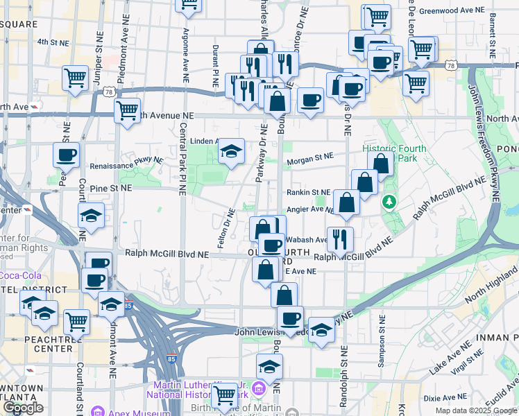 map of restaurants, bars, coffee shops, grocery stores, and more near 437 Parkway Drive Northeast in Atlanta