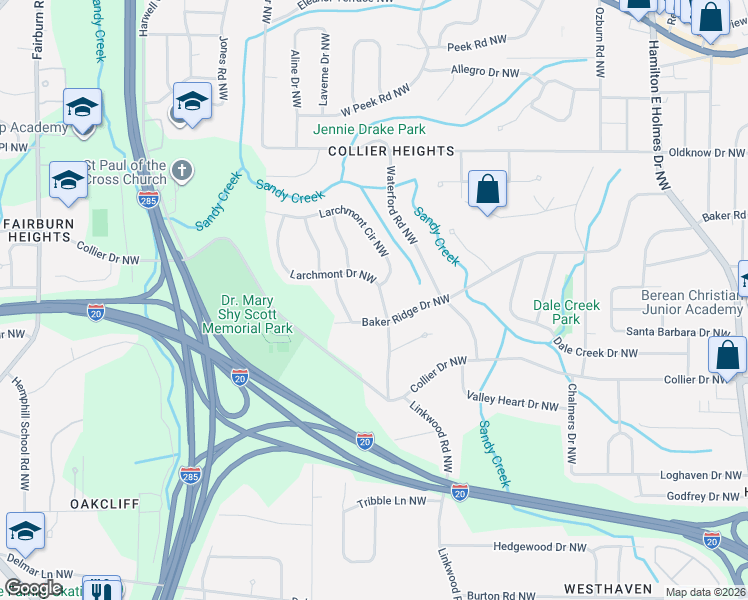 map of restaurants, bars, coffee shops, grocery stores, and more near 420 Larchmont Drive Northwest in Atlanta