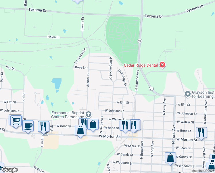 map of restaurants, bars, coffee shops, grocery stores, and more near 1714 West Parnell Street in Denison