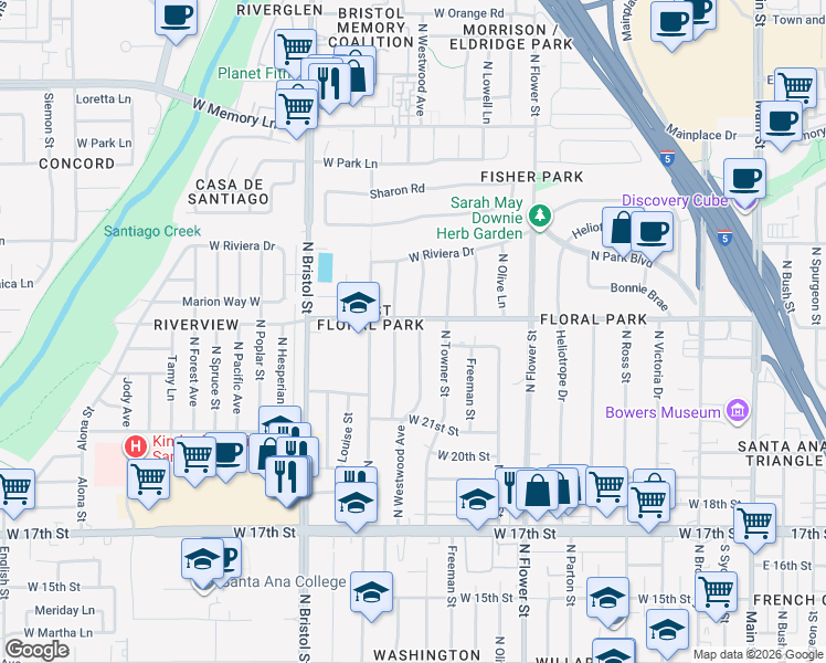 map of restaurants, bars, coffee shops, grocery stores, and more near 2234 North Westwood Avenue in Santa Ana