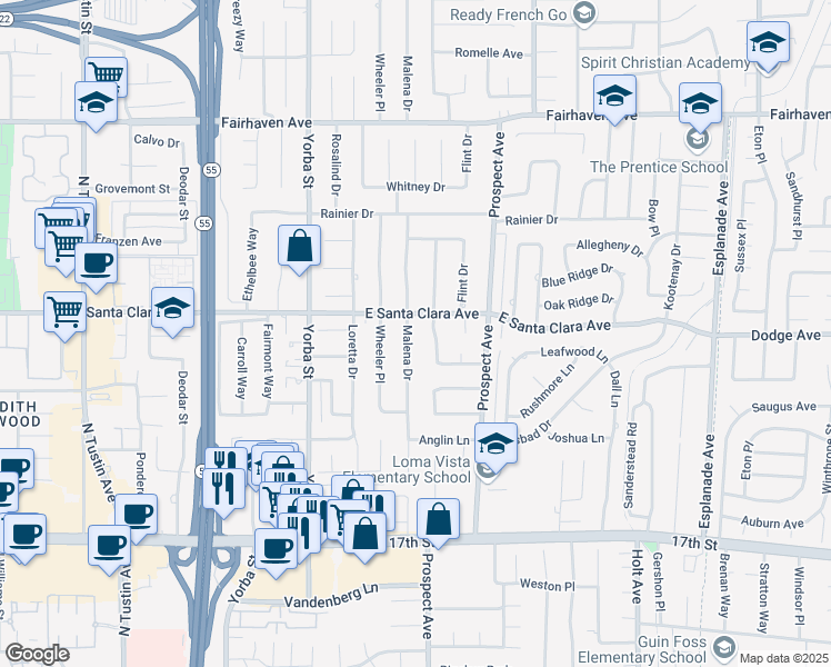map of restaurants, bars, coffee shops, grocery stores, and more near 13532 Malena Drive in Tustin