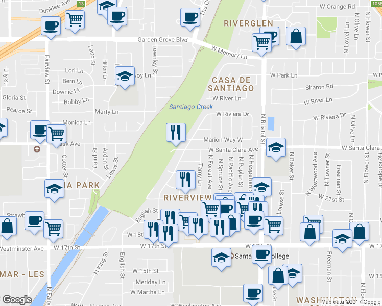 map of restaurants, bars, coffee shops, grocery stores, and more near 1630 West Santa Clara Avenue in Santa Ana