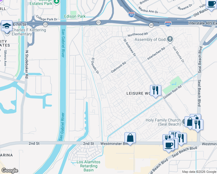 map of restaurants, bars, coffee shops, grocery stores, and more near 1221 Knollwood Road in Seal Beach