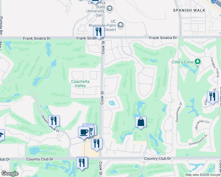 map of restaurants, bars, coffee shops, grocery stores, and more near 688 Vista Lago Circle North in Palm Desert