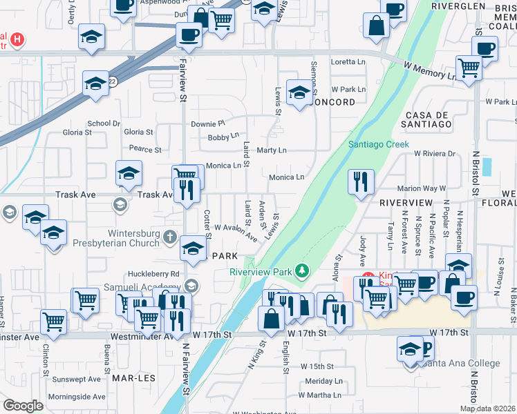 map of restaurants, bars, coffee shops, grocery stores, and more near 2214 Arden Street in Santa Ana