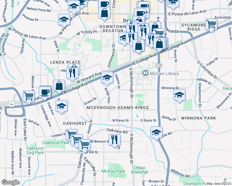 map of restaurants, bars, coffee shops, grocery stores, and more near 309 Adams Street in Decatur