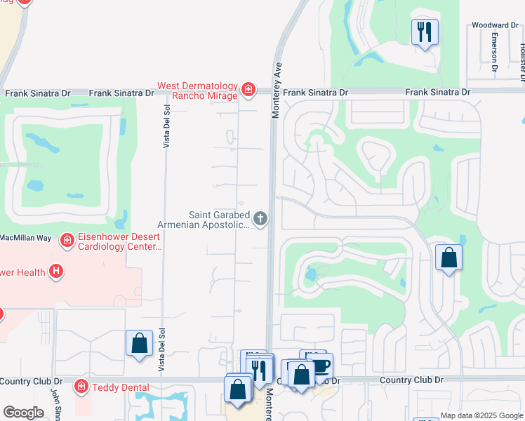 map of restaurants, bars, coffee shops, grocery stores, and more near 3 Wren Court in Rancho Mirage