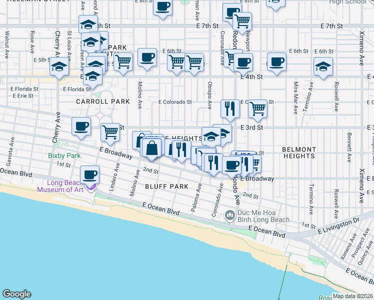 map of restaurants, bars, coffee shops, grocery stores, and more near 260 Orizaba Avenue in Long Beach