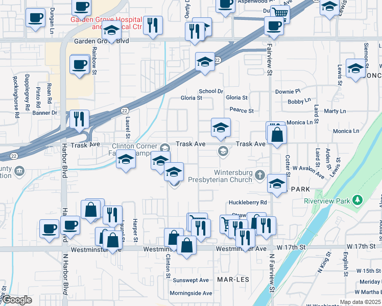 map of restaurants, bars, coffee shops, grocery stores, and more near 12651 James Avenue in Garden Grove