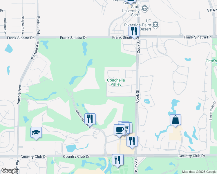 map of restaurants, bars, coffee shops, grocery stores, and more near 29 Covington Drive in Palm Desert