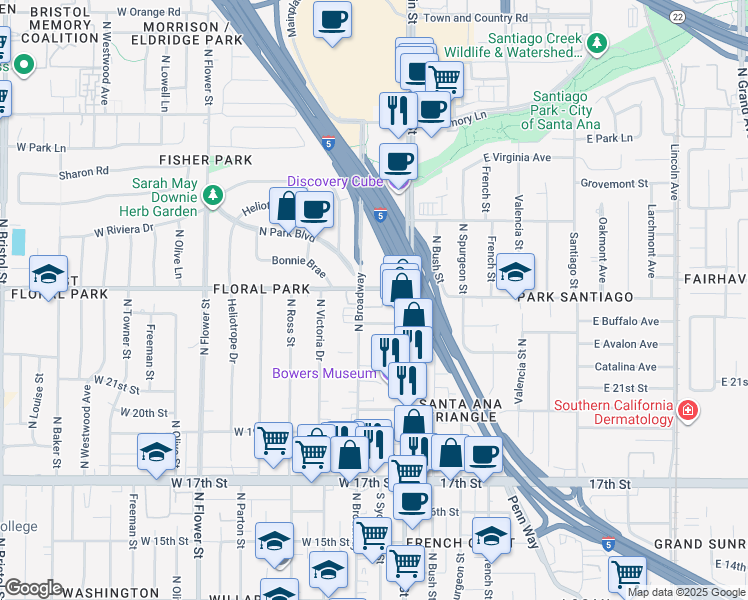 map of restaurants, bars, coffee shops, grocery stores, and more near in Santa Ana