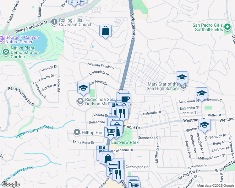 map of restaurants, bars, coffee shops, grocery stores, and more near 27841 Palmeras Place in Rancho Palos Verdes