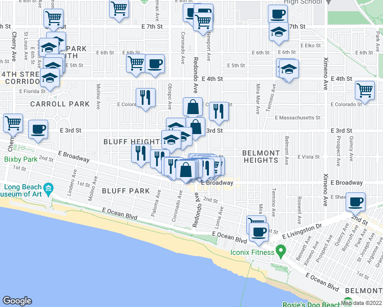 map of restaurants, bars, coffee shops, grocery stores, and more near 3327 East Vista Street in Long Beach