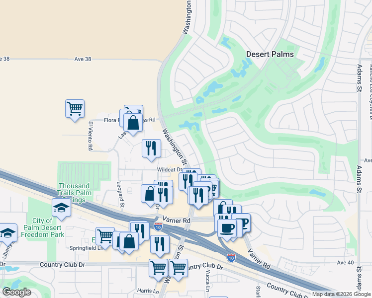 map of restaurants, bars, coffee shops, grocery stores, and more near 78047 Freisha Court in Palm Desert