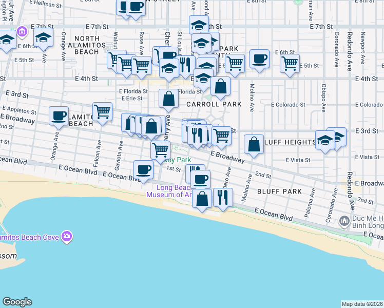 map of restaurants, bars, coffee shops, grocery stores, and more near 2101 2nd Street in Long Beach