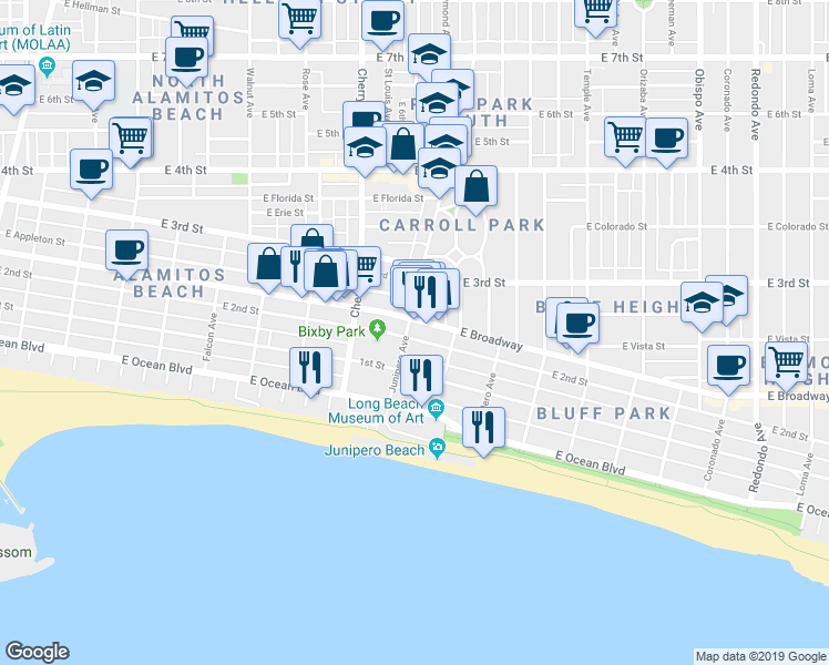 map of restaurants, bars, coffee shops, grocery stores, and more near 2101 2nd Street in Long Beach